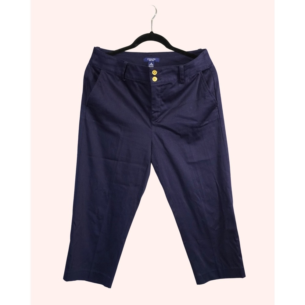 Chaps Navy Blue Cropped Pants Womens 8 Gold Crest Button Stretch Cotton Chino